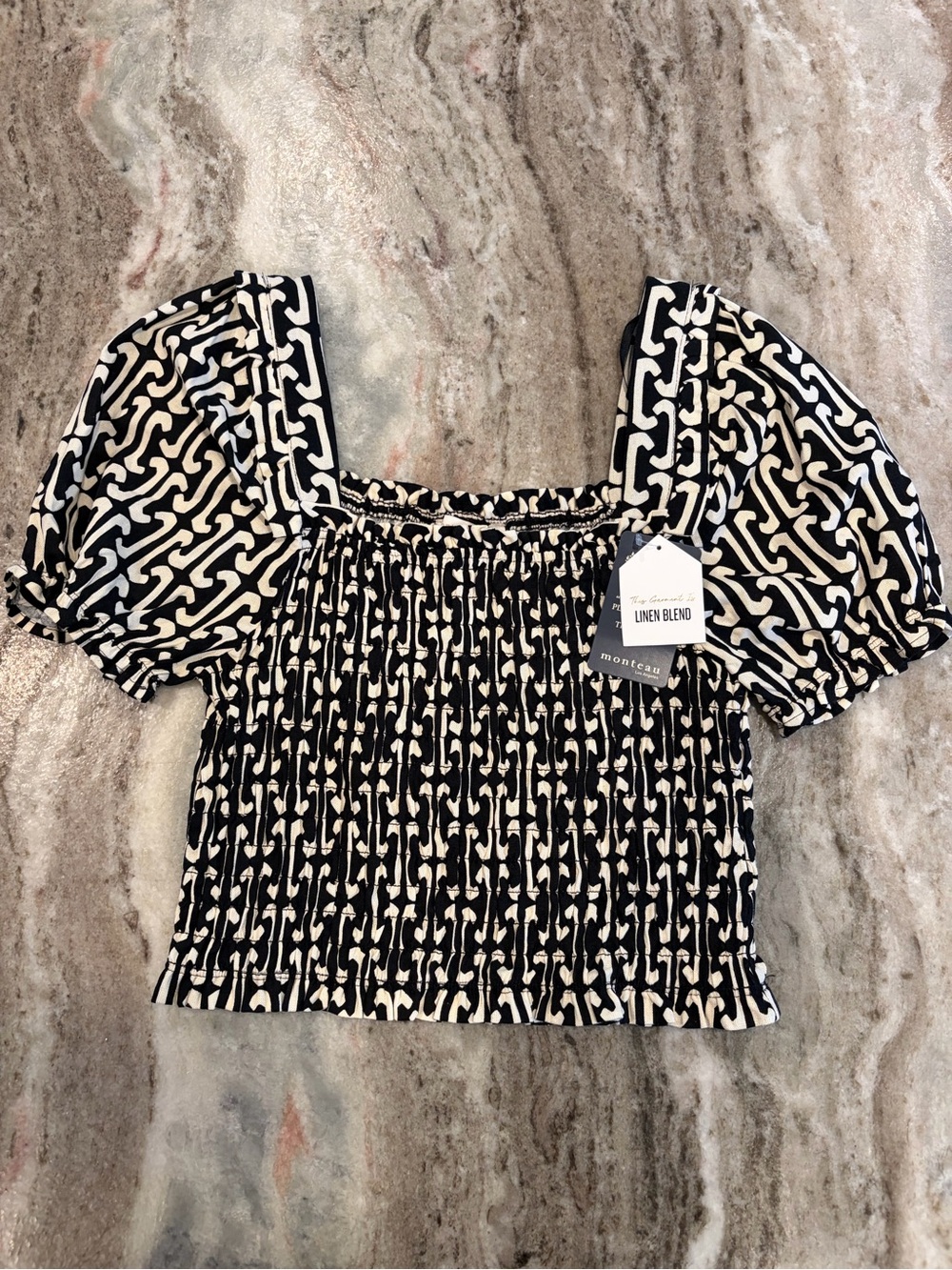 MONTEAU LA BLACK & WHITE LINEN BLEND PUFF SLEEVE SMOCKED CROP TOP L NEW NWT